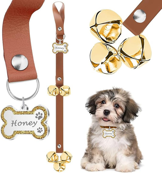 Leather Dog Bells, Puppy Potty Training Bell Dog Doorbell Potty Train Dog Bell for Potty Training Door Bells for Dogs to Ring to Go Outside Jingle Bells (Leather Brown, Glitter Bone 1 PCS)
