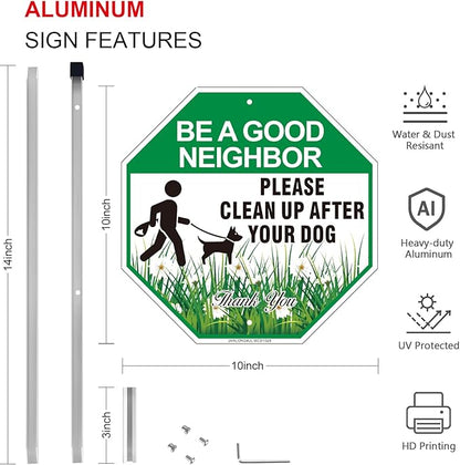 Clean Up After Your Dog Sign with Stake, 2 Pack 10"W x 28"H Aluminum Be A Good Neighbor, Pick Up After Your Dog Sign for Yard, No Poop Lawn Sign, UV Protected & Waterproof, Easy to Install
