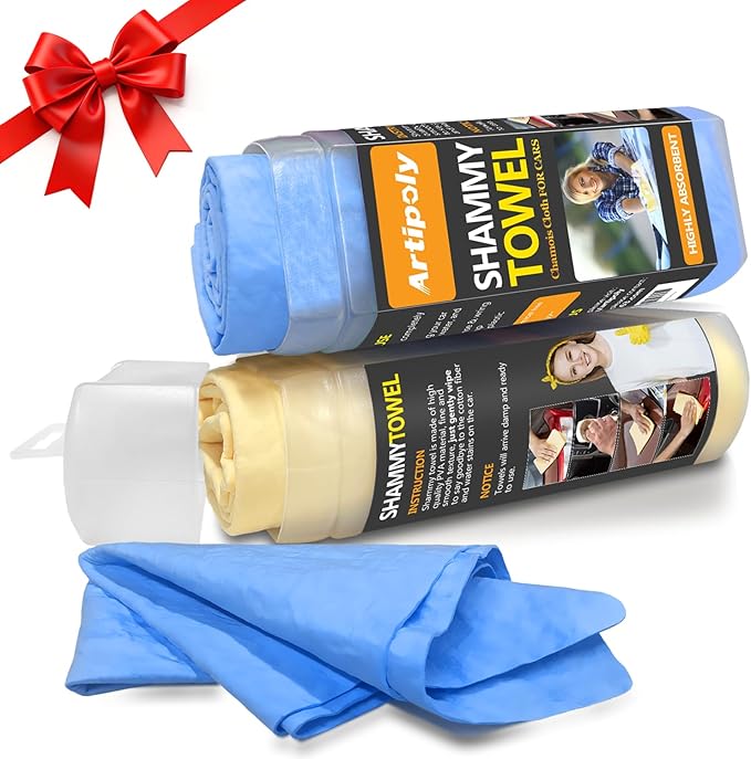 Premium Shammy Towel for Car Drying 2pk (26”x17”)-Super Absorbent Chamois Towel-Reusable shamies Towels for Cars, Bathroom,Pets, Dust Remove, No Spots/Streak/Scratch, Large, Yellow&Blue