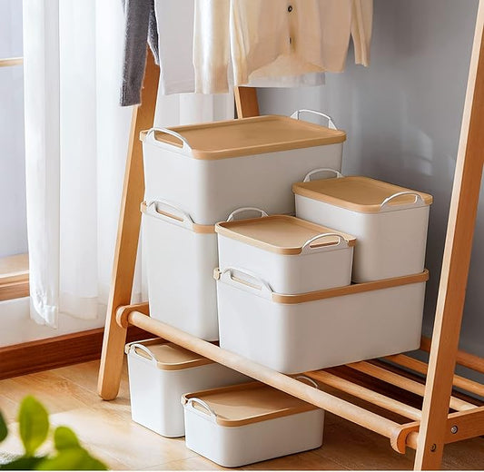 ANMINY 12PCS Plastic Storage Bins Containers with Lids, Large Storage Organization Bins Boxes, Lidded Plastic Storage Baskets for Closet Shelves Desktop, Wheat Lids, 2XL + 4L + 2M + 4S