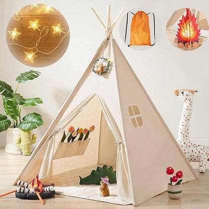 Tiny Land Teepee Tent for Kids with Star Lights, Foldable Play Tent for Girls & Boys, Washable Indoor Toddler Tent, Cozy Warm Reading Nook & Room Decor