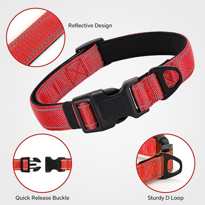 Reflective Dog Collar with Quick Release Buckle - Metal Ring - Adjustable Soft Neoprene Padded Basic Dog Collar for Small Medium Large Dogs (Red, Large :Width 1",Neck 15.7-23.6")