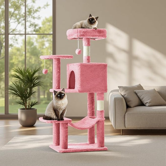 Cat Tree Tower 44 Inch, Small Cat Tower with Condo, Hammock, Sisal Scratching Posts, Extended Perch, Pet Play House for Indoor Kittens and Cats, Pink