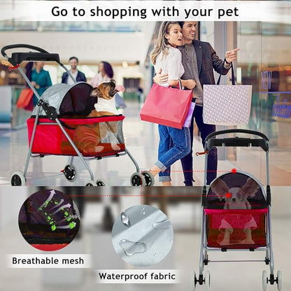 Cat Dog Stroller for Small & Medium Dogs Up to 35Lbs Kitten Doggie Cage Waterproof Foldable Travel Carrier Puppy Strolling Cart Durable 4 Wheels Large Pet Stroller Jogger with Cup Holders, Red