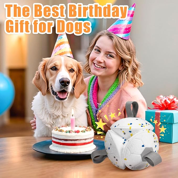 6 Inch Dog Ball Toys Interactive Soccer Ball with Straps for Tug of War Water Pet Toys Gifts for Puppy Birthday Indoor Outdoor for Fetch for Large Medium Dogs, White