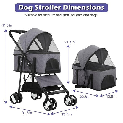 3-in-1 Folding Pet Stroller for Medium Small Dogs Cats - 4 Wheels Lightweight Travel With Detachable Carrier, Grey