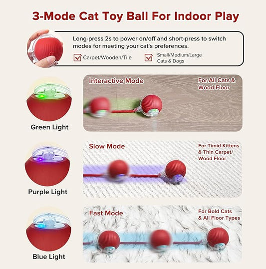 Interactive Cat Toy Ball for Indoor Cats, Motion Activated Cat Ball with 3 Speeds, 2 Replaceable Tails, Safe Material Kitten Toys, USB Charging, 360° Smart Rolling Ball for Bored Adult Cats and Dogs