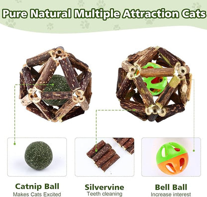 WOUSEDO Catnip Chew Toys for Cats, 24 Pack Cat Toys with Silvervine Sticks, Natural Silvervine Stick Cage Balls & Bell Balls for Indoor Cats