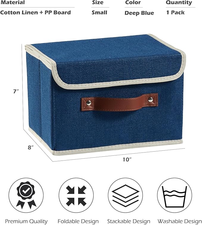 Storage Boxes with Lid Cotton Linen Fabric Storage Bins Organizer Container Decorative Collapsible Washable Shelf Baskets Faux Leather Handles for Home Bedroom Closet (Deep Blue, Small)