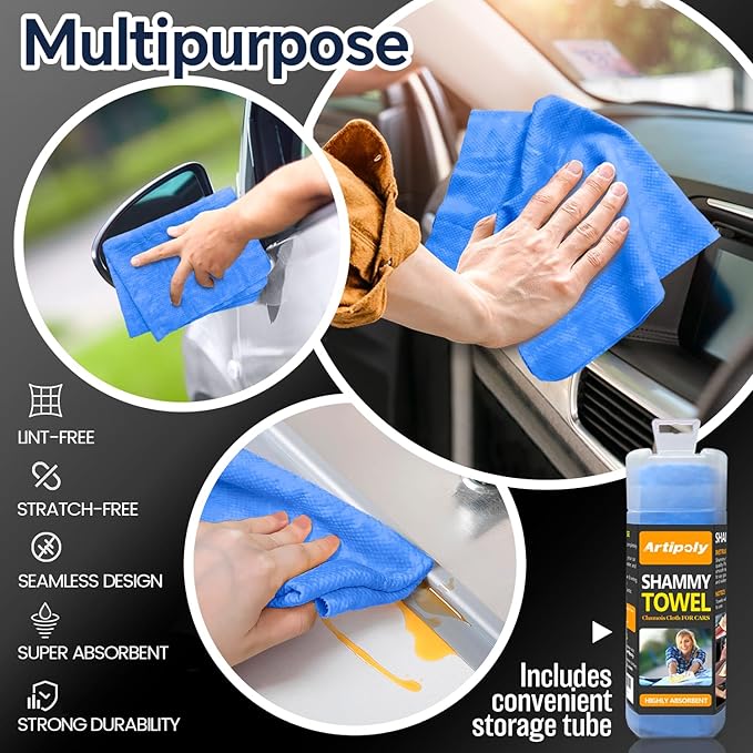 Premium Shammy Cloth for Car Drying (34”x25”)-Super Absorbent Chamois Towel for Car-Reusable Shammy Towel for Car, Bathroom,Pets, Dust Remove, No Spots/Streak/Scratch, Blue