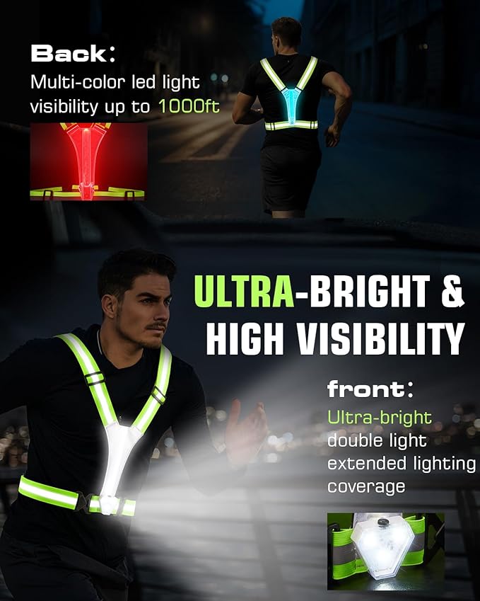 Zacro LED Reflective Vest with Chest Light 500LM, 5 RGB Colors High Visibility Rechargeable Light Up Running Vest IPX4 Night Safety Running Gear for Dog Walking, Cycling, Adjustable for Men Women