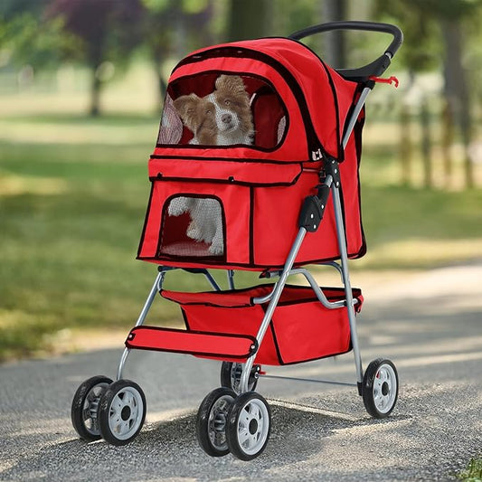 4 Wheels Dog Stroller, Foldable Pet Stroller for Small Medium Dogs, Portable Breathable Cat Stroller Dog Strollers with Storage Basket, Cup Holders, Removable Liner for Travel & Outdoor Use, Red