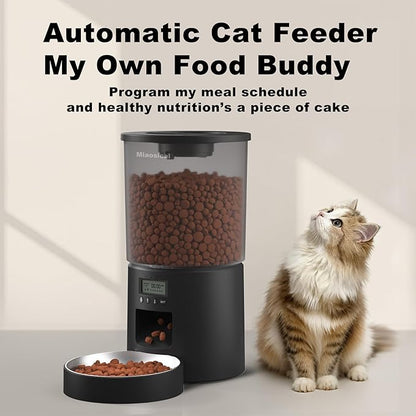 Automatic Cat Feeder 4.2L,6 Meals/Day,Dual Power Portion Control Feeder,Dry Pet Food Auto Dispenser,Timer Setting,10S Voice Record (Transparent Black, Stainless Steel Bowl)