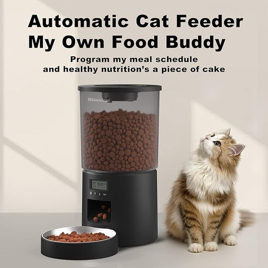 Automatic Cat Feeder 4.2L,6 Meals/Day,Dual Power Portion Control Feeder,Dry Pet Food Auto Dispenser,Timer Setting,10S Voice Record (Transparent Black, Stainless Steel Bowl)