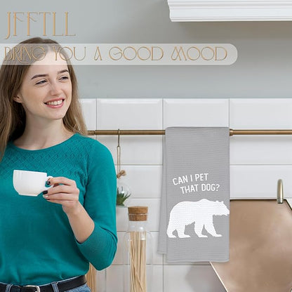 Funny Bear Kitchen Towels, Gifts for Bear Wildlife Camping Lovers Dish Tea Towels for Kitchen Decor, Can I Pet That Dog Decorative Hand Towel for Bathroom, 16x24 Inch - Grey