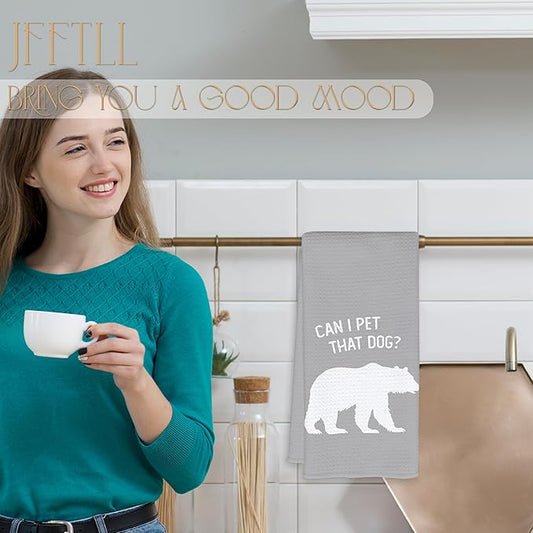 Funny Bear Kitchen Towels, Gifts for Bear Wildlife Camping Lovers Dish Tea Towels for Kitchen Decor, Can I Pet That Dog Decorative Hand Towel for Bathroom, 16x24 Inch - Grey