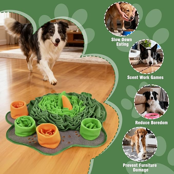 Snuffle Mat for Dogs, 18'' Dog Paw Shape Interactive Dog Puzzle Toy Build-in Squeaker Sniff Mat for Slow Eating Encourages Natural Foraging Skills for All Breeds Indoor & Outdoor Use (Green)