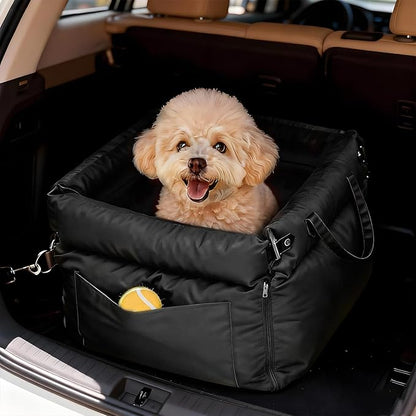 Garvee Dog Booster Car Seat, Waterproof PU Leather Upholstered Cat Bed for Car with Storage Pockets Portable Pet Seat, Bite-Resistant Pet Carrier Bag for Travel and Home, Black