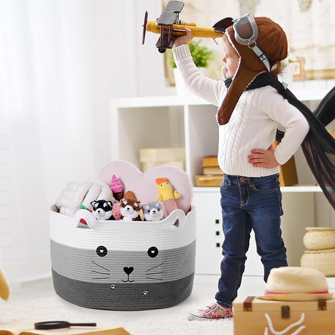 Zopeal Cat Basket Storage Woven Organizer with Ears Easter Decorative Pet Toy Cute Cotton Rope Basket for Gift Cat Dog Toy Bin Nursery Room(21.7 x 13.8 Inch,White, Light Gray and Gray)