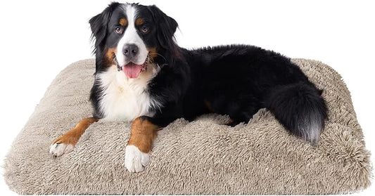 EHEYCIGA Fluffy Dog Crate Bed for Extra Large Dogs, Plush Faux Fur XLP Pad, Calming Anti Anxiety XL Plus Bed for Crate, Washable Soft Warm Dog Mat with Non-Slip Bottom, Taupe
