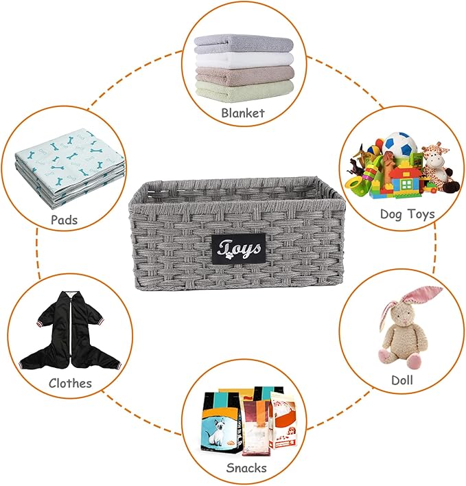 Geyecete dog toy basket Foldable Pet Toy Storage Box, Gray square Seagrass & Iron Wire Design for Organized pet toy bin basket Wicker dog toy box