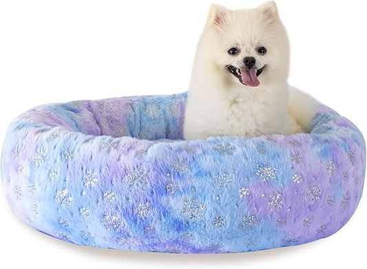 23 Inch Christmas Snowflakes Calming Dog Bed for Small Dogs Cats, Kitty Puppy Round Anti-Anxiety Warm Bed, Soft Cozy Anti-Slip Donut Washable Pet Bed, Fits up to 30 lbs Pets