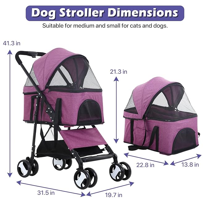 Pet Stroller 3-in-1 Folding Dog Cat Strollers for Medium Small Dogs Cats 4 Wheels Lightweight Travel Dog Strollers Cat Stroller with Detachable Carrier, Purple