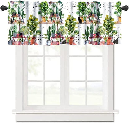 Bohemian Flower Window Valance Curtains, Colorful Boho Floral Black Cats Green House Plants Potted Flower Cactus Valance Curtain for Farmhouse Bedroom Living Room Kitchen 54x18inch