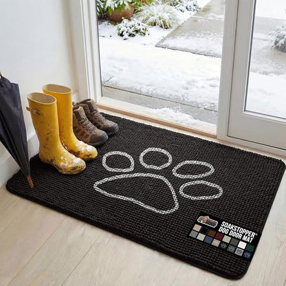 GORILLA GRIP SoakSTOPPER Dog Door Mat, 48x30 Machine Washable Rug Absorbent Doormat Captures Moisture Mud Dirt, Quick Dry Soft Chenille Entryway Rugs Indoor Entrance Mats for Dog Paws, Black White