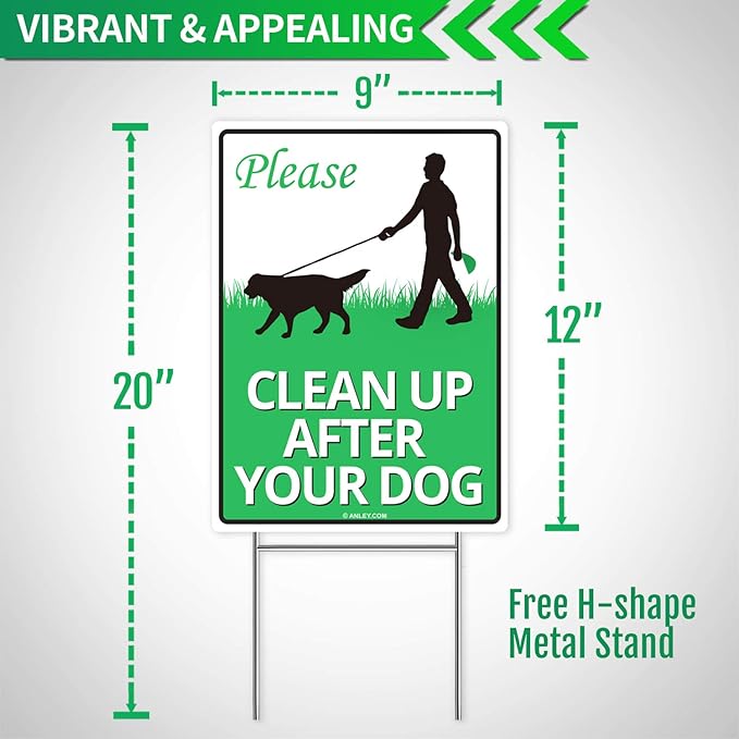 ANLEY Clean Up After Your Dog Sign with Metal Stake - Quick & Easy Install - Clean Up After Pet Warning, Cat Lawn Signs Double Sided Weather Fade Resistant for Yard Garden Grass 12" x 9"