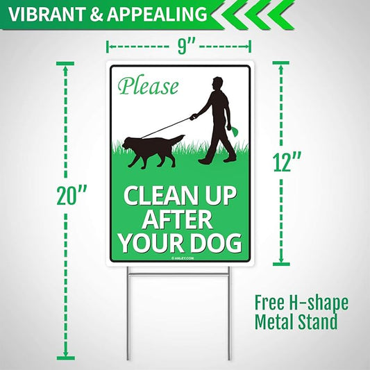 ANLEY Clean Up After Your Dog Sign with Metal Stake - Quick & Easy Install - Clean Up After Pet Warning, Cat Lawn Signs Double Sided Weather Fade Resistant for Yard Garden Grass 12" x 9"