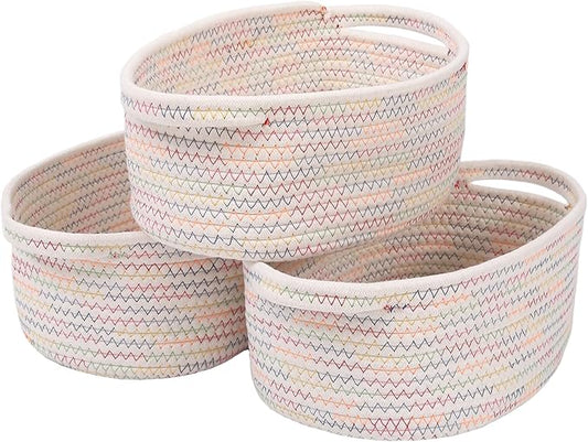 Woven Basket,Small Rope Storage Bin with Handles & Ribbon Bag, Organizer for Shelves Closets,Gift Basket Empty for Birthday,Books,Dog Toys, Colorful/3 Pack