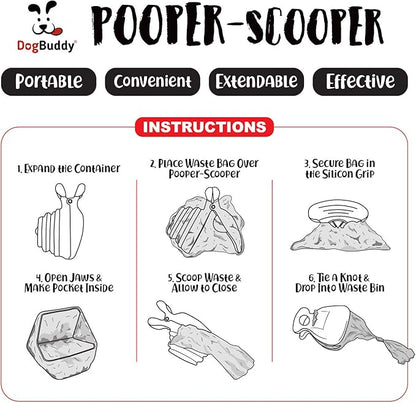 DogBuddy Pooper Scooper, Portable Dog Pooper Scooper, Poop Scooper for Small and Large Dogs, Pooper Scooper with Bag Attachment, Leash Clip and Dog Waste Bags Included (Large, Pink)