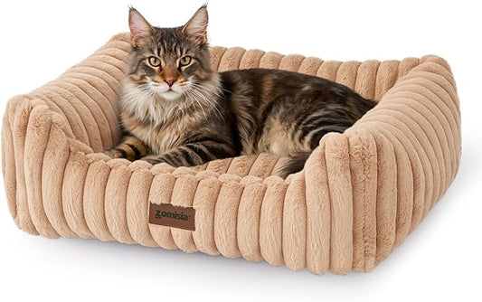 Large Cat Beds - Orthopedic Dog Bed for Medium Dogs, Rectangle Pet Bed with Fluffy Removable Washable Cover, 25x21x9inches, Beige