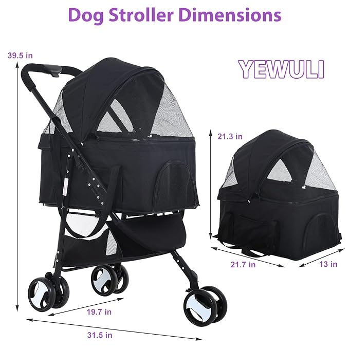 3 Wheel Pet Stroller Cat Dog Strollers for Small Medium Dogs 3-in-1 Detachable Travel Carrier Pet Gear Stroller Wagons for Dogs Trolley for Cat Doggie Rabbit Doggy Puppy, Black