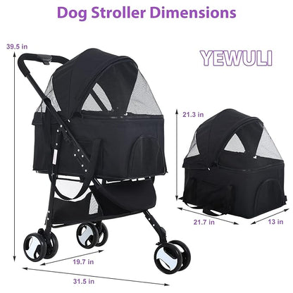 3 Wheel Pet Stroller Cat Dog Strollers for Small Medium Dogs 3-in-1 Detachable Travel Carrier Pet Gear Stroller Wagons for Dogs Trolley for Cat Doggie Rabbit Doggy Puppy, Black