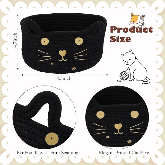 Zopeal Cat Basket Storage Woven Organizer with Ears Easter Decorative Pet Toy Cute Cotton Rope Basket for Gift Cat Dog Toy Bin Nursery Room(8.3 x 4.7 Inch,Black)