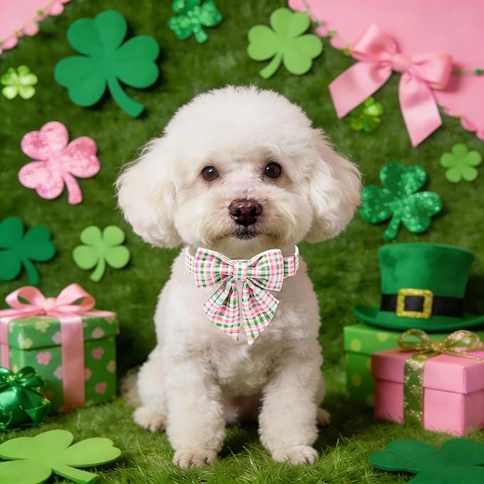 Maca Bates Plaid Dog Collar with Sailor Bow Tie,Cherry Pink Green Gingham Pattern for Medium Girl Boy Dogs,Adjustable Durable Soft Collars Irish Gift for Male Female Puppy