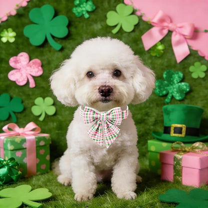 Maca Bates Plaid Dog Collar with Sailor Bow Tie,Cherry Pink Green Gingham Pattern for Medium Girl Boy Dogs,Adjustable Durable Soft Collars Irish Gift for Male Female Puppy