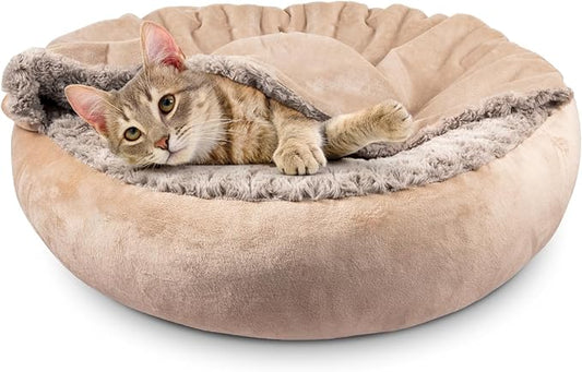 JOEJOY Small Dog Cat Bed With Hooded Blanket, Cozy Cuddler Luxury Puppy Pet Donut Round Calming Anti-Anxiety Burrow Cave - Anti-Slip Bottom, Machine Washable, 23 Inch