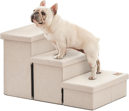 Love's cabin Dog Stairs for High Bed 18" H, Foldable Pet Stairs for Small Medium or Large Dogs Puppy with Storage for Bed or Couch, Cat Dog Steps Ramp with Zip up to 200 lbs, Beige, 3 Steps