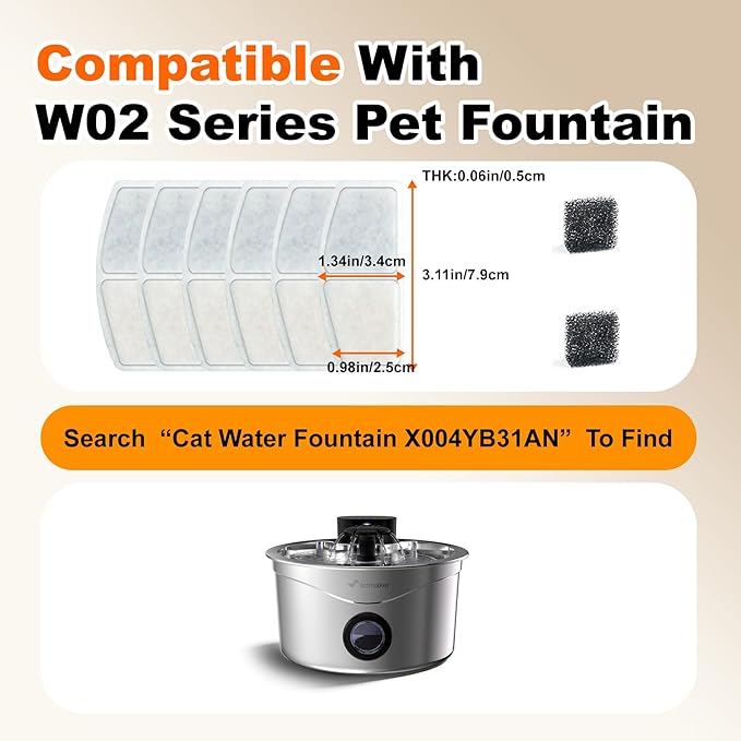 Pet Water Fountain Filter, 8 Cat Dog Water Fountain Filters Replacement Including 6 Filters & 2 Sponges