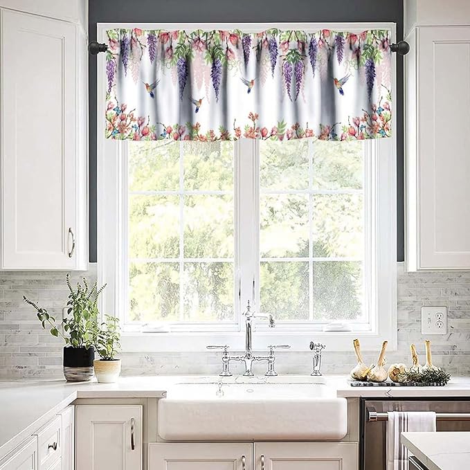Flower Hummingbird Window Valance Curtains, Boho Watercolor Spring Bird Butterfly Blooming Floral Plant Nature Valance Curtain for Farmhouse Bedroom Living Room Kitchen 54x18inch