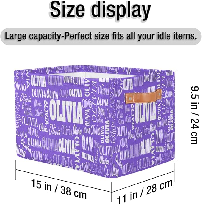 Custom Storage Baskets for Kids with Name, Large Foldable Organizer Collapsible Storage Bin with Leather Handle for Home Toys Closet Nursery, Violet Purple Light Solid Background