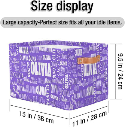Custom Storage Baskets for Kids with Name, Large Foldable Organizer Collapsible Storage Bin with Leather Handle for Home Toys Closet Nursery, Violet Purple Light Solid Background