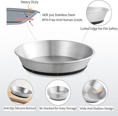 Stainless Steel Cat Bowls,Whisker Friendly Shallow Cat Dishes for Food and Water,Non-Slip Silicone Bottom,Heavy Duty,Replacement Kitten Metal Plate for Elevated Stands,3 Pack