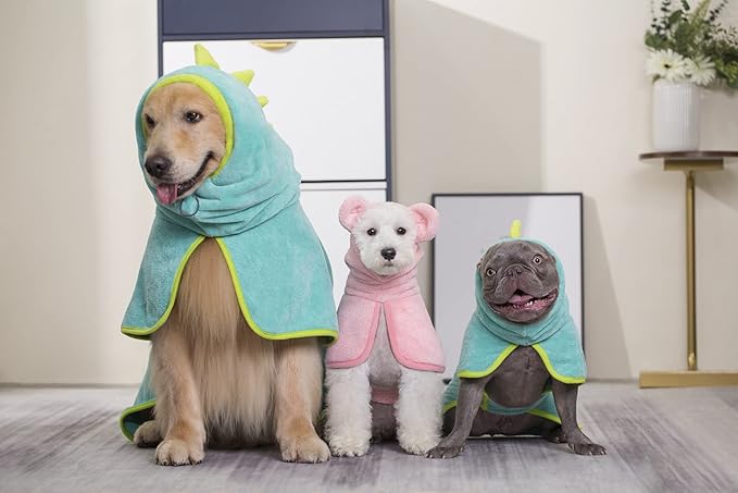 Pawyee Super Soft Fast-Drying Dog Towel Set for Cold Weather, Beach, Pool - Adjustable Microfiber Bath Robe with Drying Gloves for Cats and Dogs (M, Blue Dino)