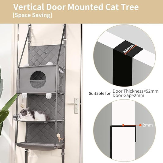 Hanging Cat Tree - Door Mounted Climber Cat Wall Cat Hammock for Indoor, Hanging/Elevated Bed - 4 Story with Removable Pillow, Roller Blind and Ball Toy