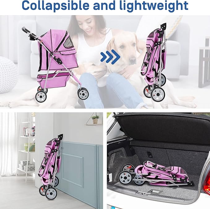 TTY Store Best 3 Wheels Pet Stroller for Dog Cat or Small Pet, Lightweight Foldable Pink