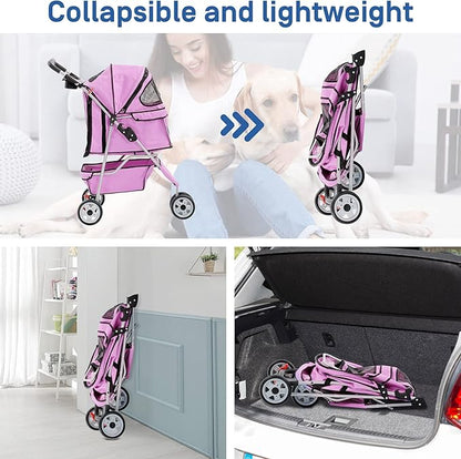 TTY Store Best 3 Wheels Pet Stroller for Dog Cat or Small Pet, Lightweight Foldable Pink